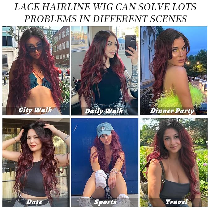 AISI HAIR Wig for Women Long Red Wavy Lace Hairline Middle Part Synthetic Heat Resistant Wig for Daily Party-26 Inch