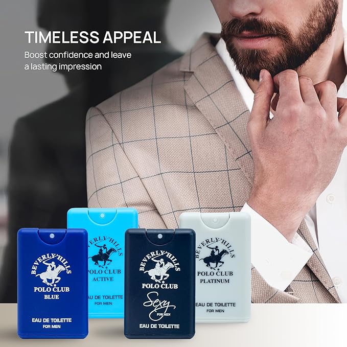 Beverly Hills Polo Club Men's 4-Piece Pocket Spray Set - active Sexy Platinum Blue EDT Collection