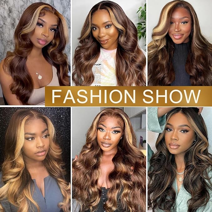 28 Inch Highlight Ombre Lace Front Wig Human Hair 4/27 Body Wave Lace Front Wigs Human Hair Pre Cut 9x6 Brown Blonde Highlighted Wigs Human Hair 180 Density Balayage Ready to Wear Glueless Wigs