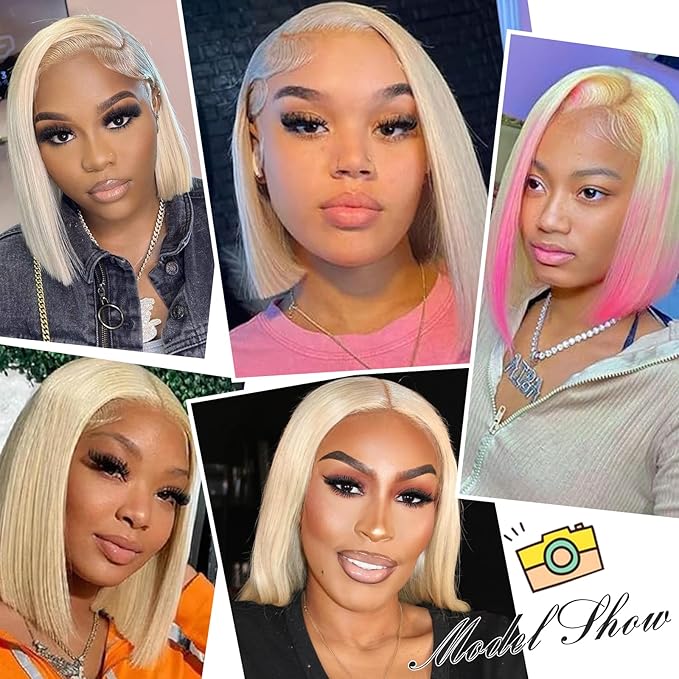 613 Blonde 13x4 Bob Wig Human Hair 180% Density HD Transparent Lace Front Wigs Human Hair Short Bob Pre Plucked Straight Wigs Human Hair for Women 8 Inch