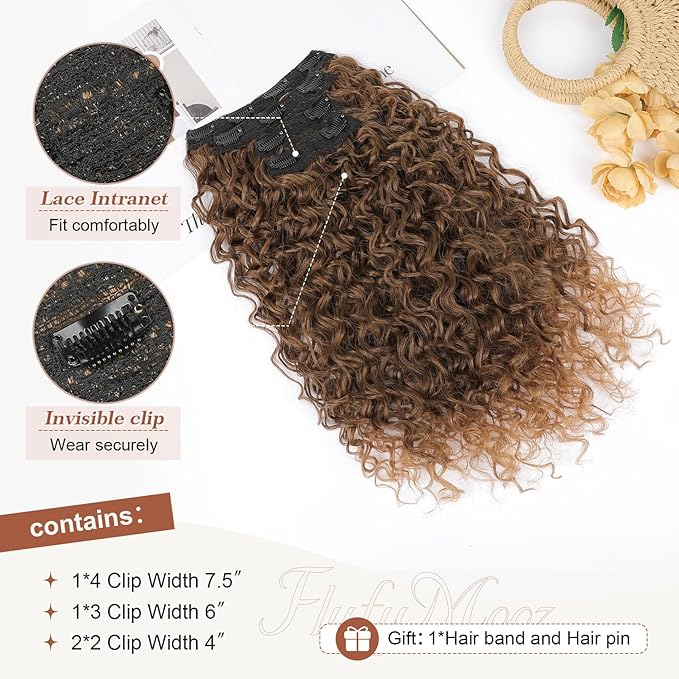 Clip in Hair Extensions FLUFYMOOZ 4PC 100ï¼?Pure Protein Silk Hair Extensions Long Soft Natural Hairpiece 20 Inch Curly Hair Extension for Women (Almond Brown with Cooper Red)