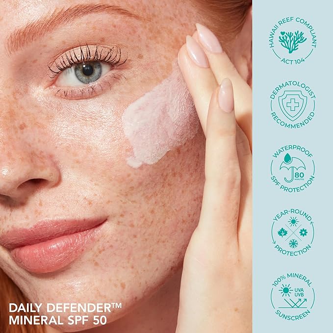Daily Defender Broad Spectrum SPF 50 Mineral Sunscreen with Hyaluronic Acid Vitamin C &amp Niacinamide (as Vitamin B3) Lightweight UVA &amp UVB Protection Skin Care Medium