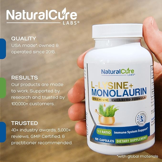 Natural Cure Labs L-Lysine + Monolaurin 600mg 1:1 Ratio 100 Capsules