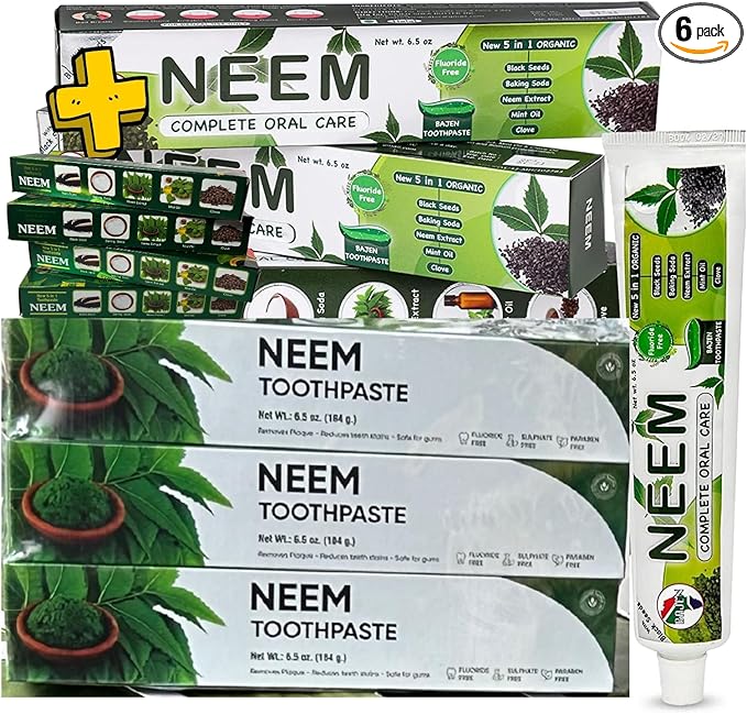 Pack of 6 - Organic Neem 10 in 1 Fluoride Free Toothpaste - Neem Clove Black Seed Cardamon Aloe Vera Tea Tree Oil Miswak Clove - Herbal Blend - 7.05 oz