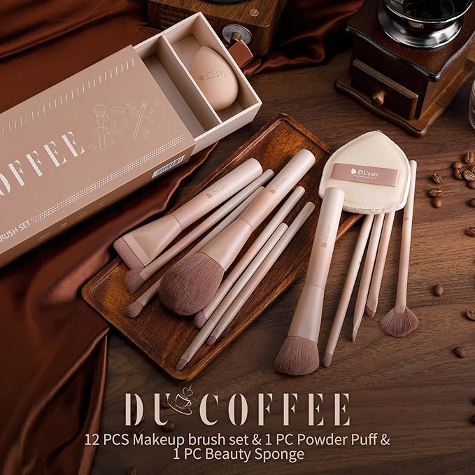 DUcare 14pcs Christmas Makeup Set12Pcs Coffee Series Makeup Brush set with 2pcs Makeup Sponges Foundation Blending Face Powder Blush Eye Shadows Brushes
