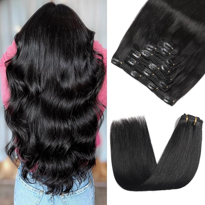 Clip in Hair Extensions Real Human Hair -140g 7pcs Jet Black - Hair Extensions Real Human Hair Clip ins Straight for Women (#1 16 Inch)