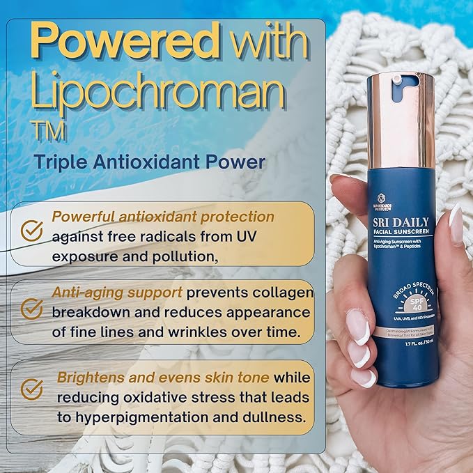 SRILabs Daily Facial Sunscreen - SPF 40 - Anti-Aging with Lipochroman &amp Peptides - Transparent Zinc Oxide - Universal tint &amp Weightless - 1.7 OZ