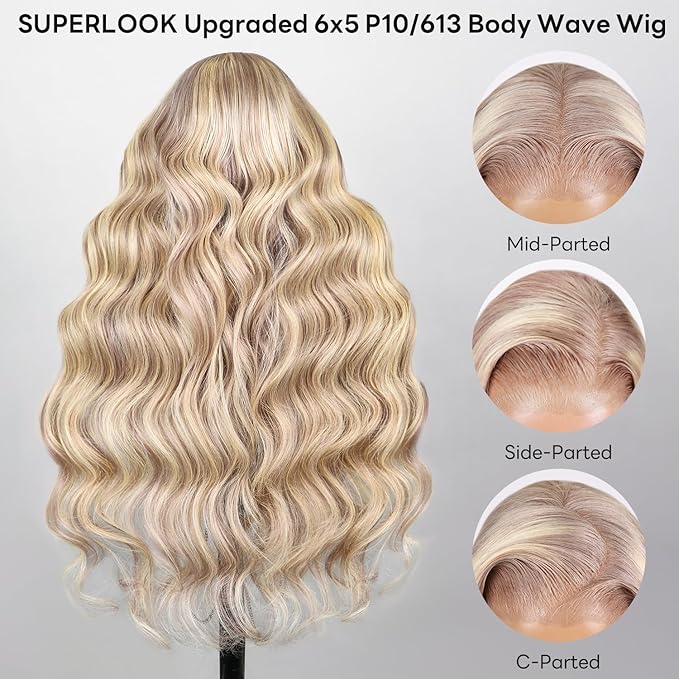 10/613 Lace Front Wigs Human Hair 5x6 Wear and Go Glueless Wigs Human Hair 240% Density Highlight Closure Wigs New Body Wave Wig Pre Cut Lace Bleached Knots (20inch 5X6 New Body Wave)