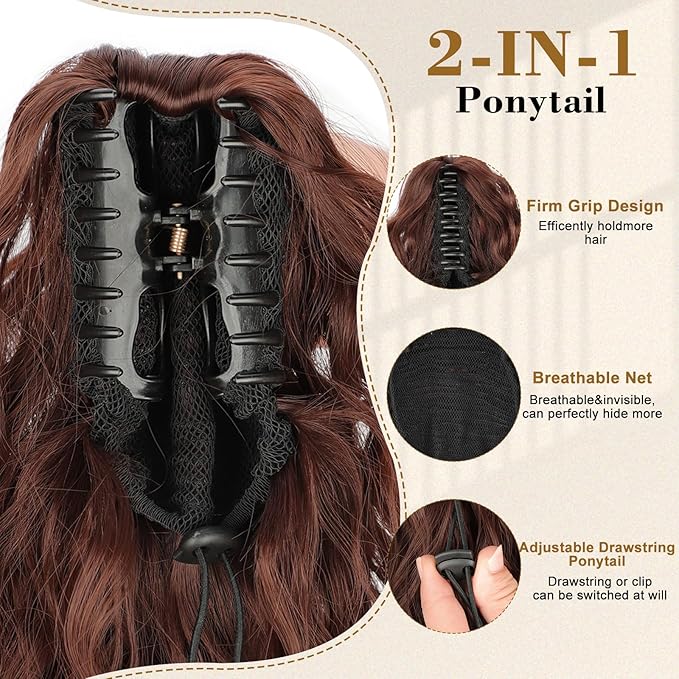 Stamped Glorious Ponytail Extension 18 Curly Wavy Pony Tail Claw Multi Layered Clip on Ponytail Extension Fluffy Natural Looking Synthetic Hair Piece for Women(Omber Almand Brown)