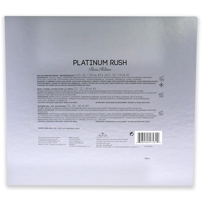 Paris Hilton Platinum Rush Women 4 Pc Gift Set 3.4 oz EDP Spray 0.33oz EDP Spray 3oz Body Lotion 3oz Shower Gel