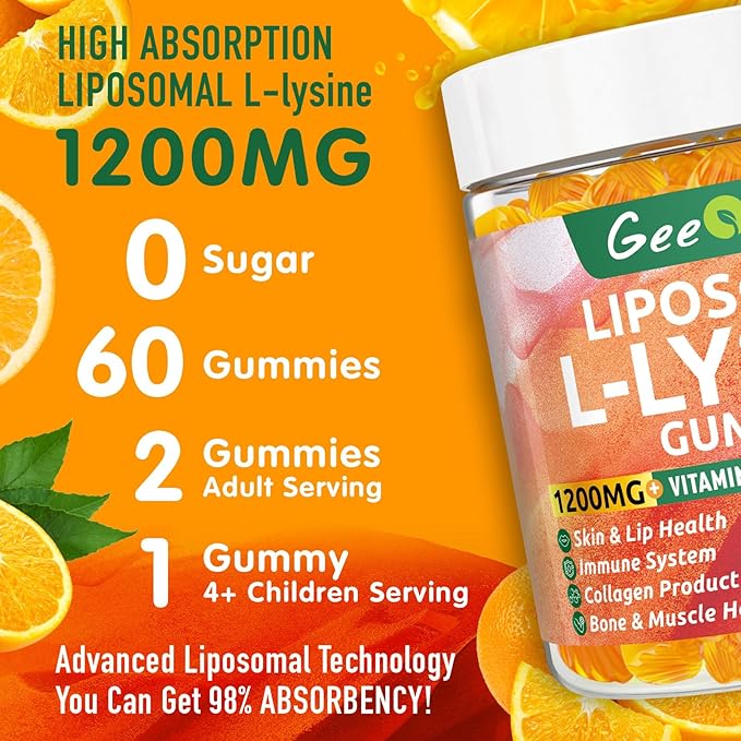 Liposomal L-lysine Gummies 1200mg Lysine Chewable Supplement with Vitamin C D3 B12 &amp Zinc for Adults &amp Kids Immune &amp Collagen Support Lips &amp Skin Health Vegan Natural Fruit Flav