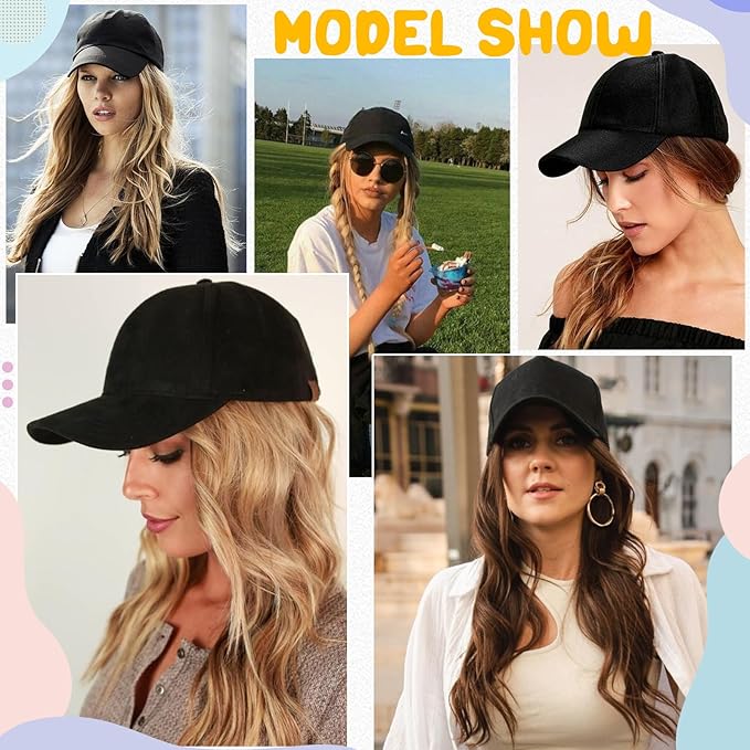 Baseball Hat WigHat with Hair attached 24'' Adjustable Black Cap with Long Wavy Synthetic Hair Extensions for Women Girls(Ash Blonde)