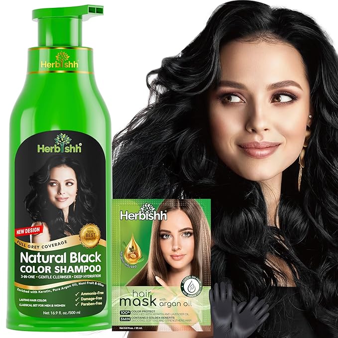 Herbishh Hair Color Shampoo for Gray Hair ? Natural Hair Dye Shampoo ? Colors Hair in Minutes ? Lasts Up To 3-4 Weeks ? 500ML ? 3-In-1 Hair Color ? Colors Cleanses and Conditions (Black)