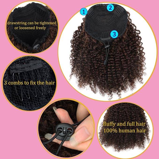 VADES Kinky Curly Human Hair Drawstring Ponytail for Black Women Dark Brown Real Hair Ponytail Extension 12 Inch Afro Puff Ponytail Hair With 3 Stable Combs Color #2 Curly Hair Extension
