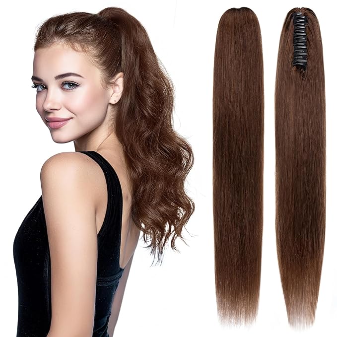 Human Hair Ponytail Extension with Claw Clip Natural Look Soft Ideal for Dates Weddings Parties Gifts - 22 inches 120g Medium Brown
