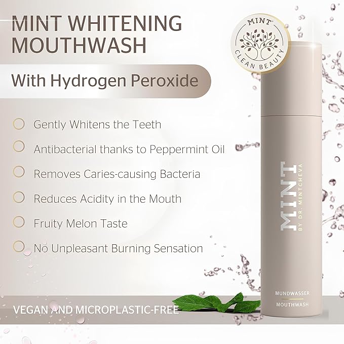 MINT whitening mouthwash with hydrogen peroxide - alcohol-free - mild taste - vitamin B12 peppermint oil and cucumber extract - mouthwash for the care of gums and interdental spaces -By Dr. Mintcheva