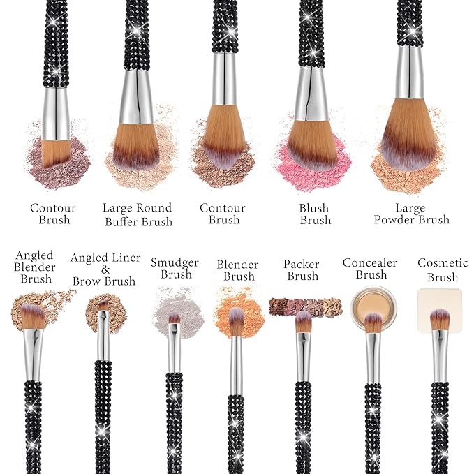 Rtteri 13 Pcs Rhinestone Black Makeup Brushes Set Bling Crystal Professional Face Cosmetics Blending Liquid Foundation Powder Concealer Eye Shadows Make up Beauty Tool Glitter with Holder