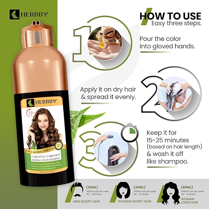 HERBBY Gray Hair Coverage Shampoo &amp Conditioner - Color Transform with 9 Herbal Extracts Long-Lasting (6-8 Weeks) Shiny Even Coloring Instant Hair Dye 500 ml (CHESTNUT BROWN)