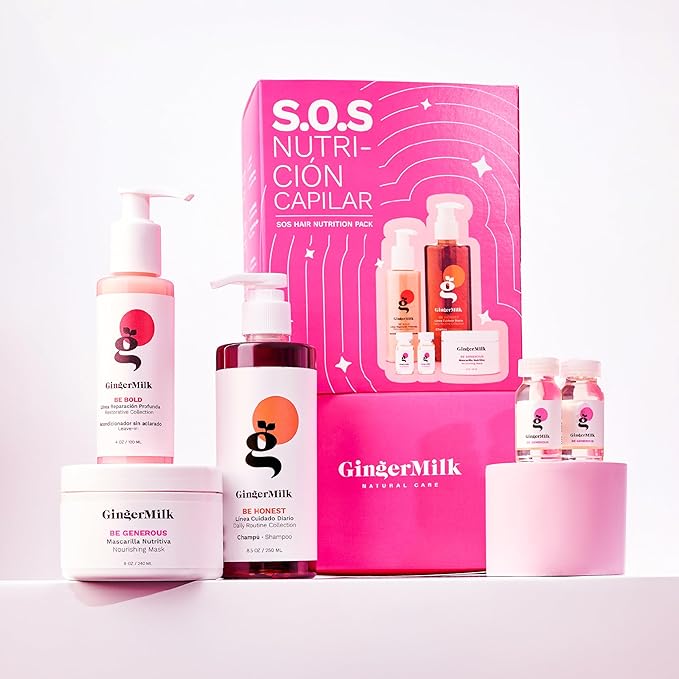 Hair Nourishment Pack SOS by GINGER MILK Vegan Hair Care Set with pH-Balanced Shampoo 8.5oz Hair Mask 8oz Leave-in 4oz &amp 2 Ampoules | Weak Hair: Nourish Shine Strength Noticeable Results Soo