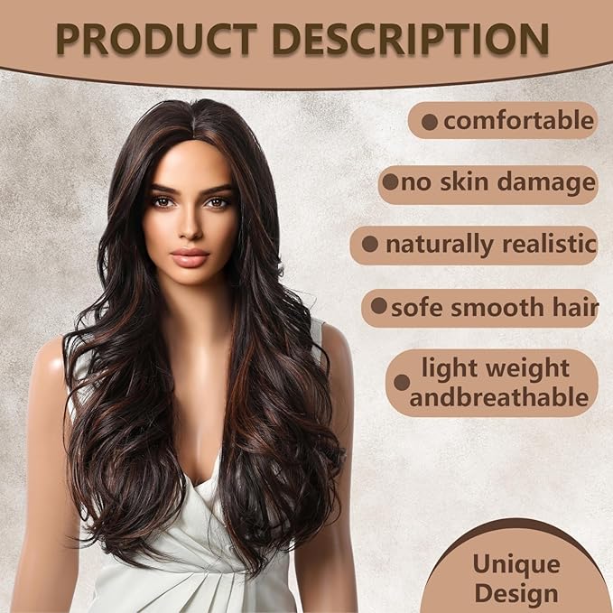 Brown Highlight Wig 26 Inch Long Wavy Wigs for Women Middle Part Synthetic Hair Wavy Wig with Upgraded StrandsNatural Hair Wig for Daily Party Date Use