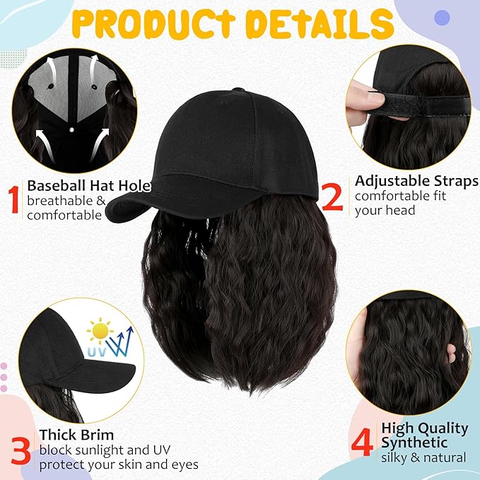 Baseball Hat WigHat with Hair attached 16'' Adjustable Black Cap with Wavy Curly Synthetic Bob Hair Extensions for Women Girls(Dark Brown)