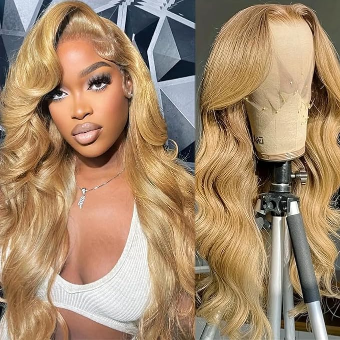Honey Blonde Body Wave Lace Front Wig Human Hair 13x4 Colored #27 Human Hair Lace Front Wigs 22??Curly HD Transparent Lace Frontal Wigs Pre Plucked Bleached Knots 180% Density Glueless Human Hair Wig