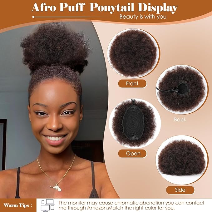 Fullart Afro Puff Drawstring Ponytail Extension #2 Darkest Brown 100% Human Hair Naturally Styled Hairpiece Human Hair Clip in Hair Extensions for Black Women