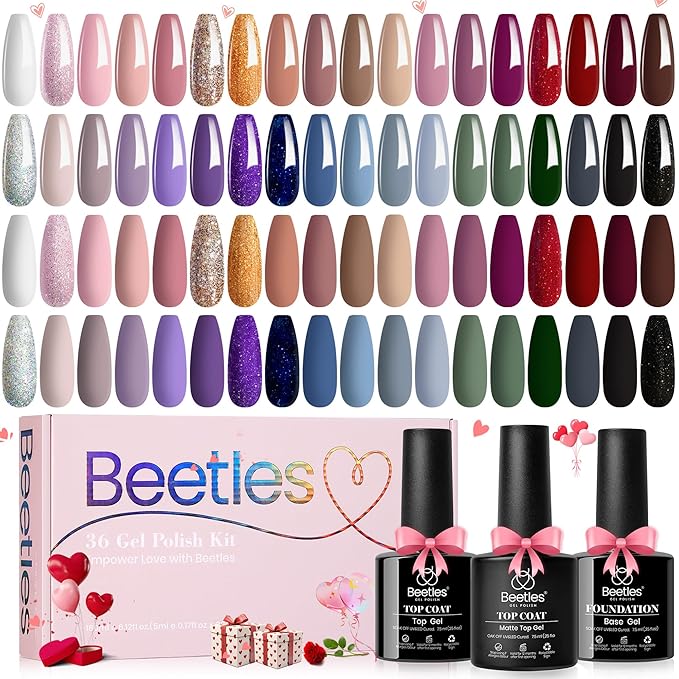 Beetles Winter Gel Nail Polish Set 36 Colors Nail Gel Polish Kit Burgundy Red Blue Green Brown Gold Glitter Pink with Base Top Coat UV LED Needed Manicure Gifts for Women Neutral Elegance