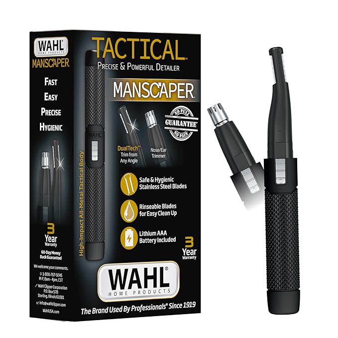 Wahl Manscaper ® 2 in 1 Lithium Battery Tactical® Dual Sided Eyebrow Trimmer and Nose Hair Trimmer for Men ? Model 3023805