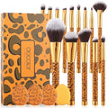Docolor Makeup Brushes Leopard 14pcs Premium Synthetic Foundation Powder Concealers Eye shadows Blush Makeup Brush Set with 4pcs Makeup Puffs