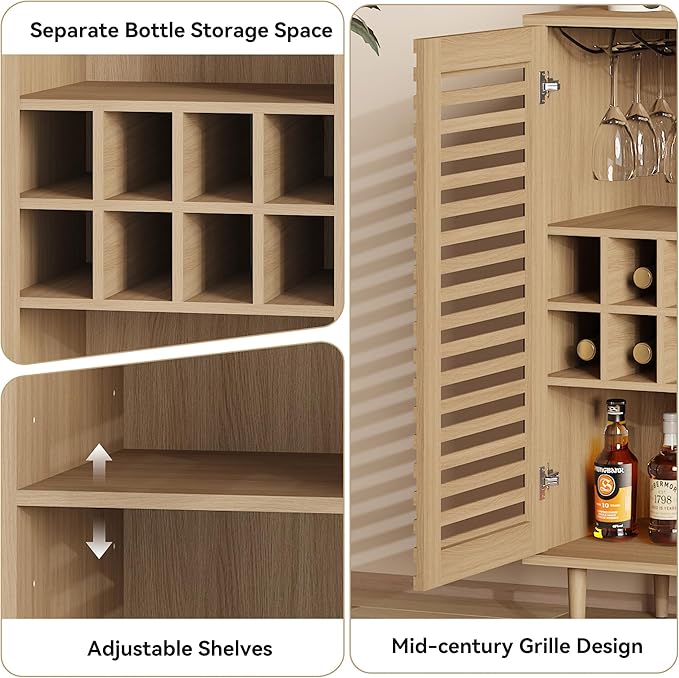Mid Century Bar Cabinet with Wine Racks Modern Liquor Cabinet with Slatted Doors for Dining Room Living Room (Natural Color)