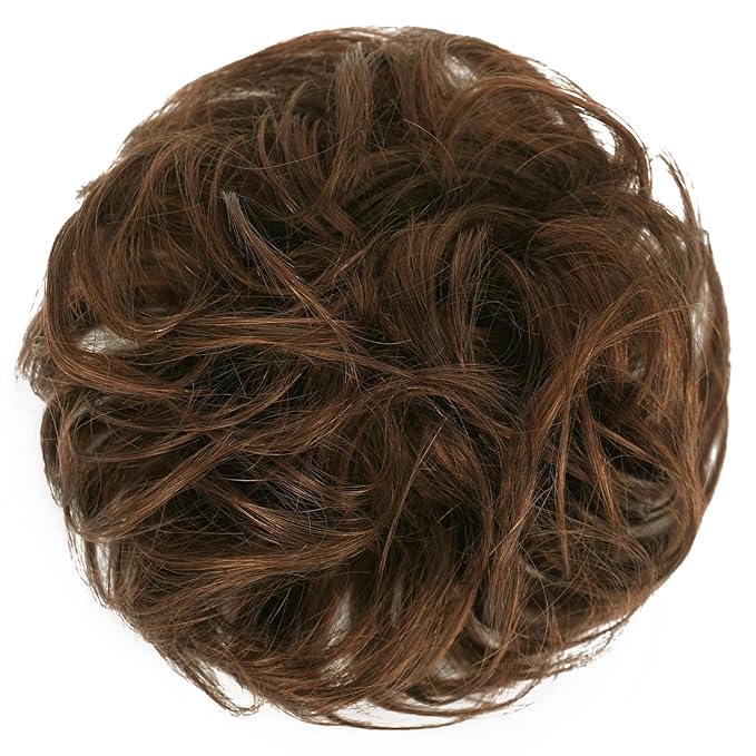 FESHFEN Human Messy Buns - 100% Human Hair Bun Real Scrunchies Hair Pieces Ponytail Extensions Wavy Tousled Updo Chignon Hairpieces for WomenChocolate Light Brown