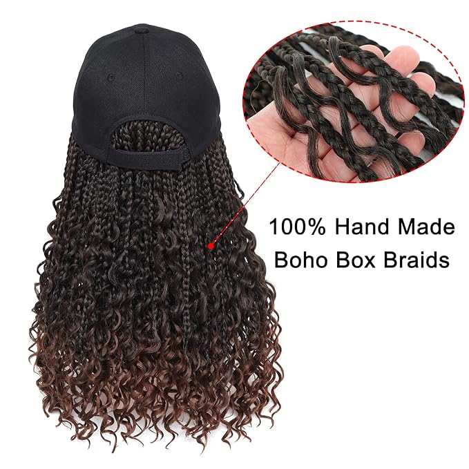 Goddess Box Braiding Baseball Cap Wig Bohemian Curly Ends Box Braids Hat with Braided Hair Extensions for Black White Women Synthetic Braids Hat Wig with Hair Attached (16inch T30)