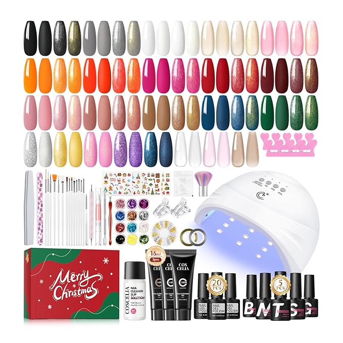 COSCELIA Christmas Gel Nail Polish Kit with U V Light Base and Top Coat 20 Bottles Gel Polish and 3 Colors Poly Extension Polish Set Glitter Decoration Starter Kit Gifts for Women