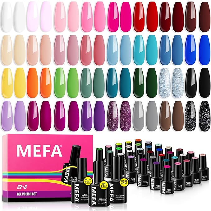MEFA 35 Pcs Gel Nail Polish Set 32 Colors Spring Collection Gel Nail Polish Pink Green Nail Art Manicure DIY Home Gifts for Women Girls Beginners