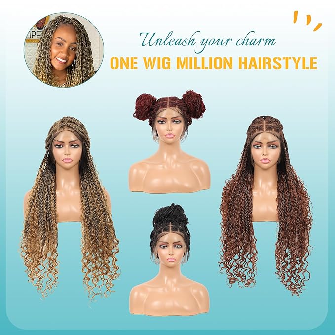 Kalyss HD Full Lace Boho Braided Wigs for Women 360 Lace Front Box Braided Wigs with Baby Hair Light Brown Premium Synthetic Knotless Braid Wig 36
