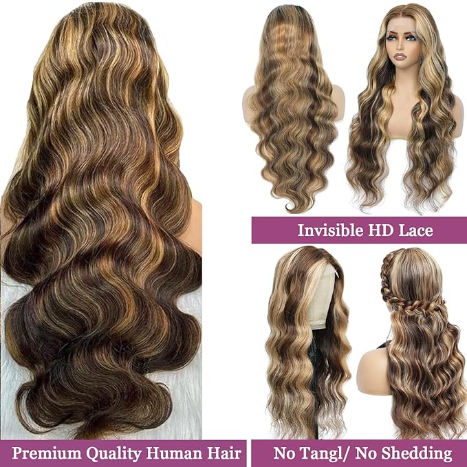 Ombre Brown Balayage Honey Blonde Highlight Wigs Human Hair Glueless Lace Front Wigs Human Hair Body Wave 13x6 Lace Front Wigs Pre Plucked Human Hair 20 Inch Brown Balayage Blonde Highlights Wig