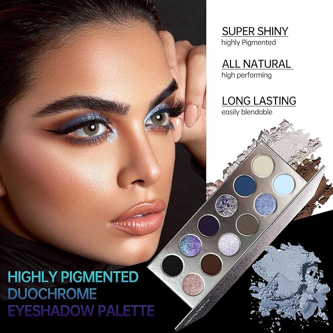 Professional Super Shiny 12 Color Eyeshadow Palette Multichrome Chameleon Eyeshadow Makeup Sparkle Duochrome &amp Matte Eye ShadowLong LastingEasily BlendableHighly Pigmented Vegan
