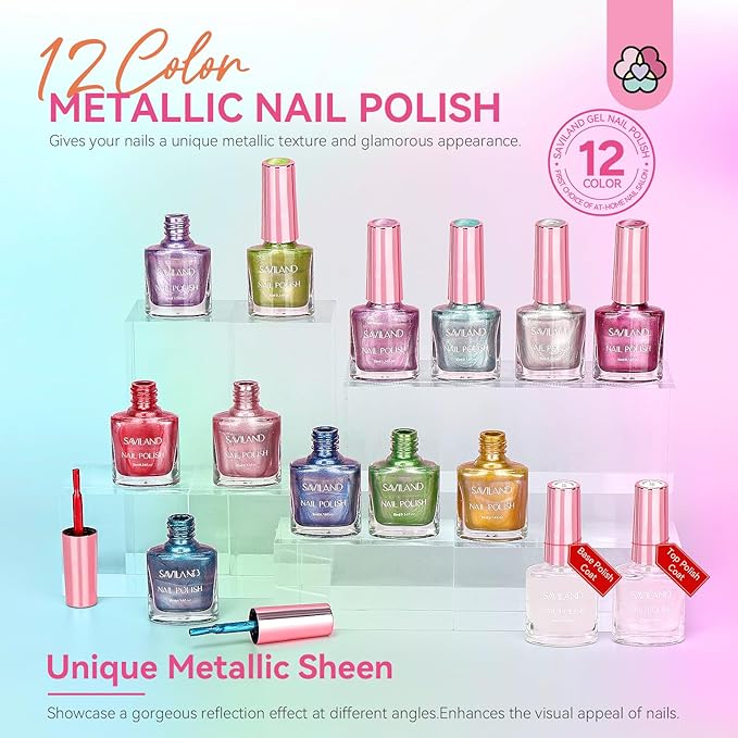 SAVILAND Quick Dry Nail Polish Set Christmas: Chrome Metallic Holographic Nails Polish Kit Gold Sliver Air Dry 14 Pcs Regular Nail Polish with Base and Top Coat DIY Art Salon Home Gift for Women