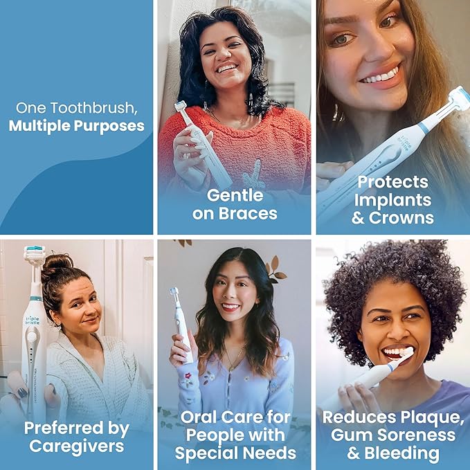Triple Bristle Original Sonic Toothbrush | Rechargeable 31000 VPM Tooth Brush | Patented 3 Head Design | Angled Bristles Clean Each Tooth | Dentist Approved | Triple Bristle Original + Oral Care Kit
