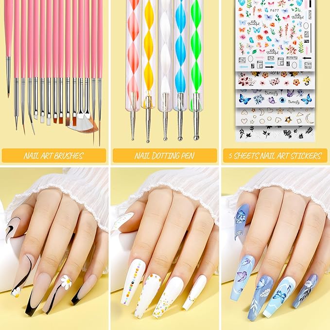 Teenitor Press On Nail Kit - Clear Coffin Nail Tips Art Brushes Dotting Pen Glitter Stickers &amp Rhinestones