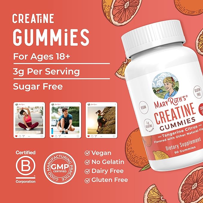 MaryRuth's Creatine Gummies | Creatine Monohydrate Gummies | 1 g Creatine Per Gummy | Creatine for Women &amp Men | Tangerine Citrus Flavor | Exercise | Workout | Sugar Free | Vegan | 90 Count