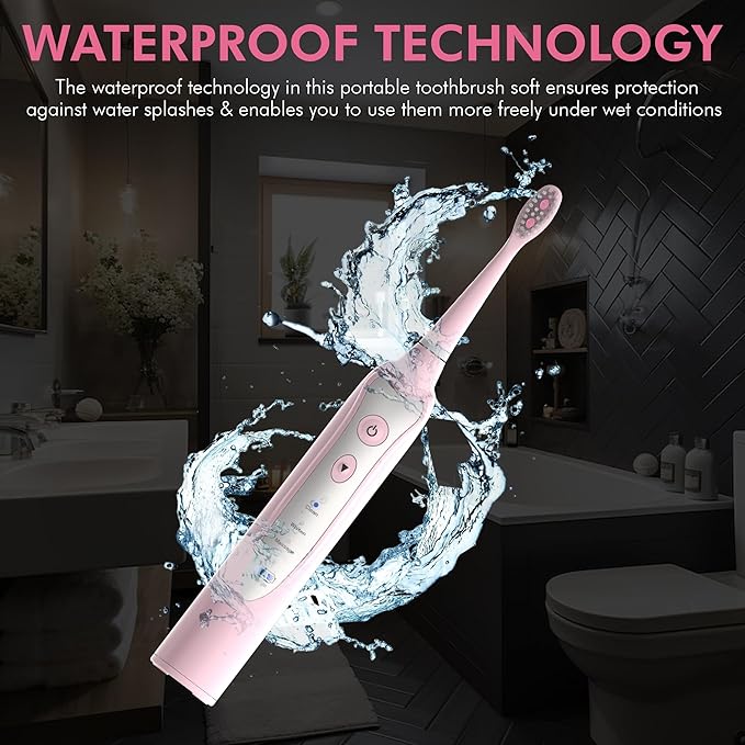 Sonic Electric Toothbrush for Adults with 5 Toothbrush Replacement Heads 3 Brushing Modes &amp 2 Minutes Built-in Timer Travel Toothbrushes with Inductive Charging Rechargeable toothbrush | Pink