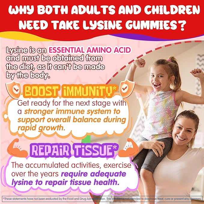 L-Lysine Gummies 500/1000mg with Algae Omega 3 Vitamin B2 D3 K2 C for Kids 9+ Teen &amp Adult Lysine Supplement Support Immune Lip &amp Oral Collagen Production Brain Bone Health Sugar Fr