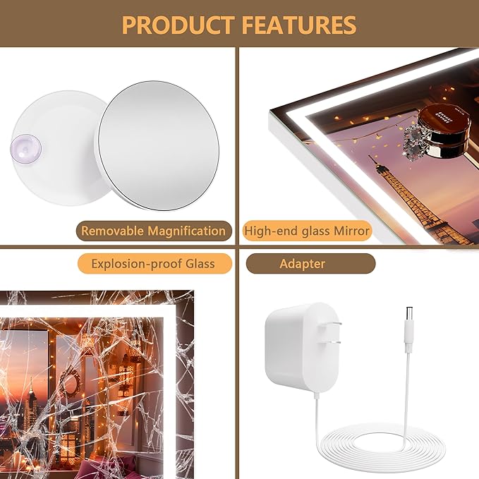Hasipu Vanity Mirror with Lights 28 x 20 LED Makeup Mirror Lighted Makeup Mirror with Dimmable 3 Modes Touch Screen Control Vanity Mirror Square White