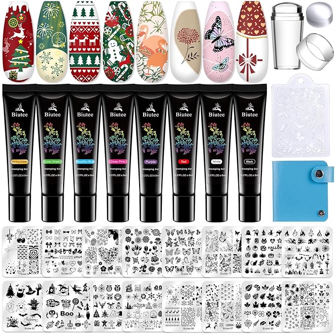 Biutee Nail Stamper Kit 16Pcs Nail Art Stamping Plate 8 Colors Stamp Polish Gel Silicone Stamper Scraper with Storage Bag Nail Stamp Plates Love Flower Butterfly Leaf Template Christmas Design Gift