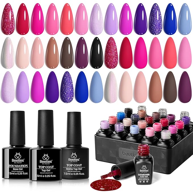 Beetles Pink Gel Nail Polish Red Purple Nude Blue Glitter 20 Colors Gel Polish Set Romance Rebellion with Base &amp Top Coat Soak off Uv LED Cured Nail Art Design Salon Home Gift for Women