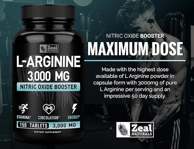 Zeal Naturals L Arginine 3000mg Capsules (150 Tablets | 1000mg) Maximum Dose L-Arginine Nitric Oxide Supplement for Supporting Muscle Growth Vascular Function and Energy - Nitric Oxide Booster