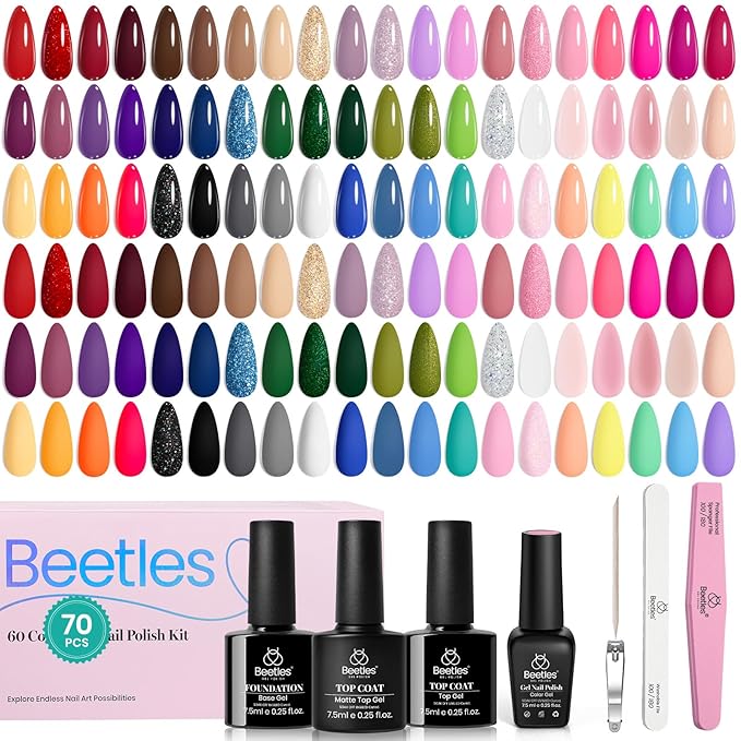 Beetles Winter Gel Nail Polish Set 70 PCS 60 Colors Red Green Pink Brown Blue Nude Glitter Gel Nail Polish Kit with Base Top Coat for Beginners UV LED Needed DIY Salon Christmas Gifts for Women