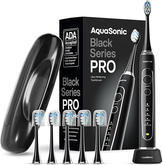 Aquasonic Black Series PRO ? Ultra-Whitening Electric Toothbrush ? 5 Modes &amp Smart Timers ? Premium Travel Case &amp 6 Proflex Brush Heads ? ADA Accepted Toothbrush